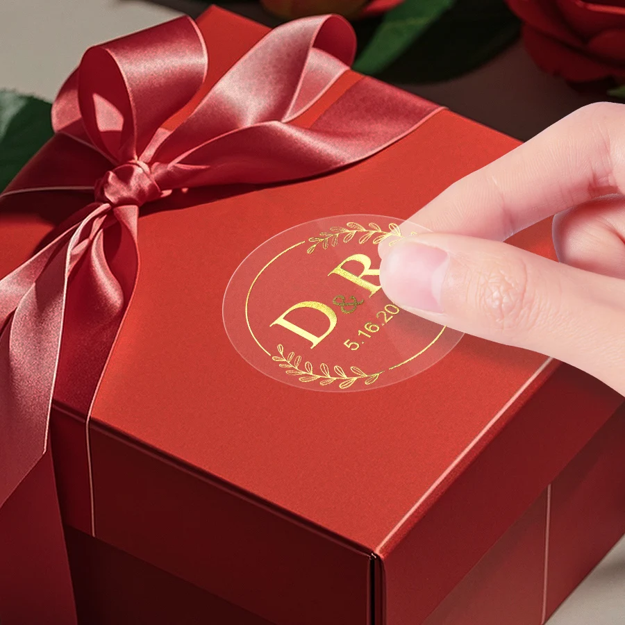 Custom Transparent Gold Foil Round Stickers – 24pcs Personalized Adhesive Labels for Weddings, Gifts, Envelopes, Party Favors, Candle Jars, Treat Boxes, Cookie Bags & Event Packaging