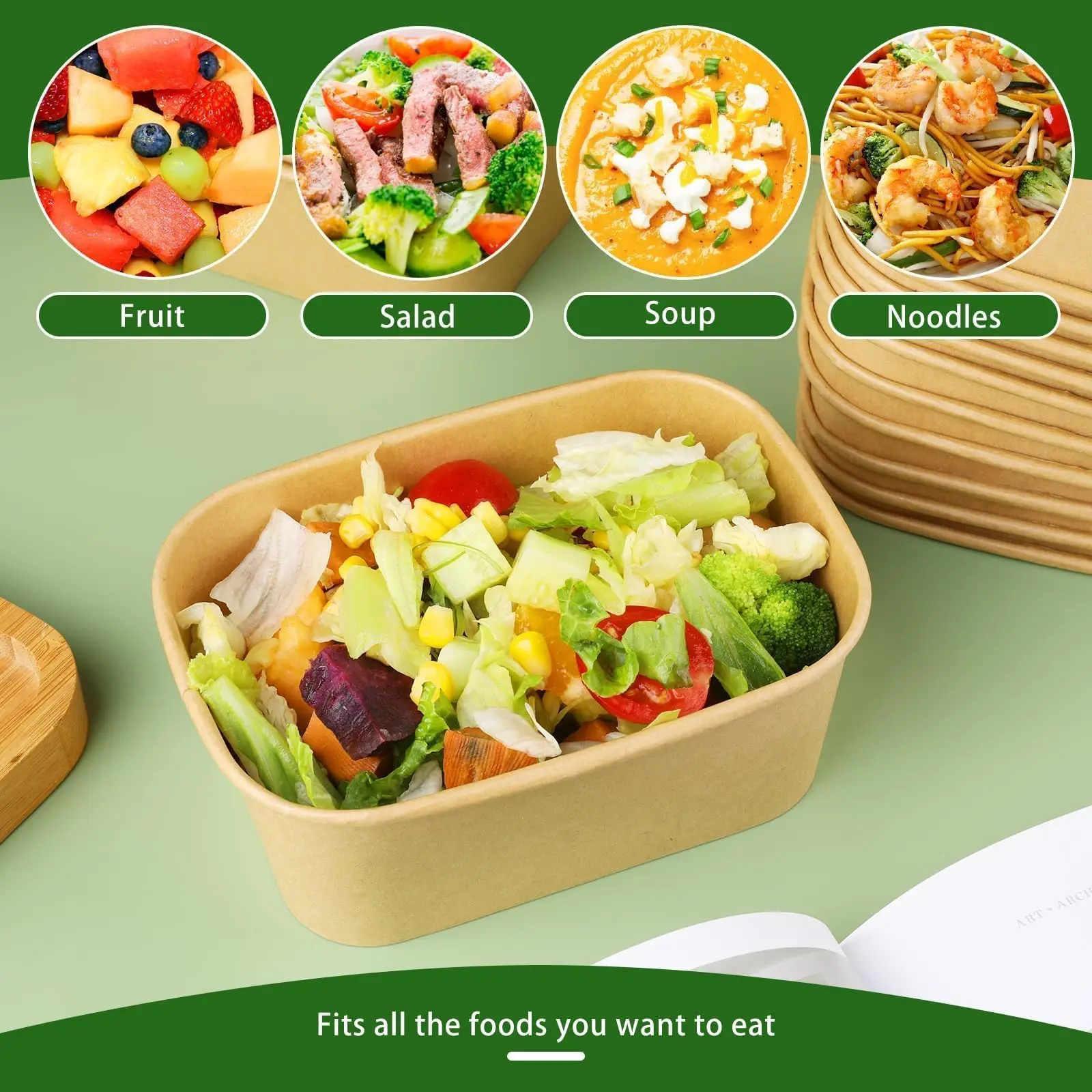 25-Pack Kraft Paper Lunch Box Bowls with Lids Disposable Square Food Containers for Salads Fast Food Bento Meals Takeout Microwave-Safe Food Storage Containers 500ml-1000ml - 图片 3