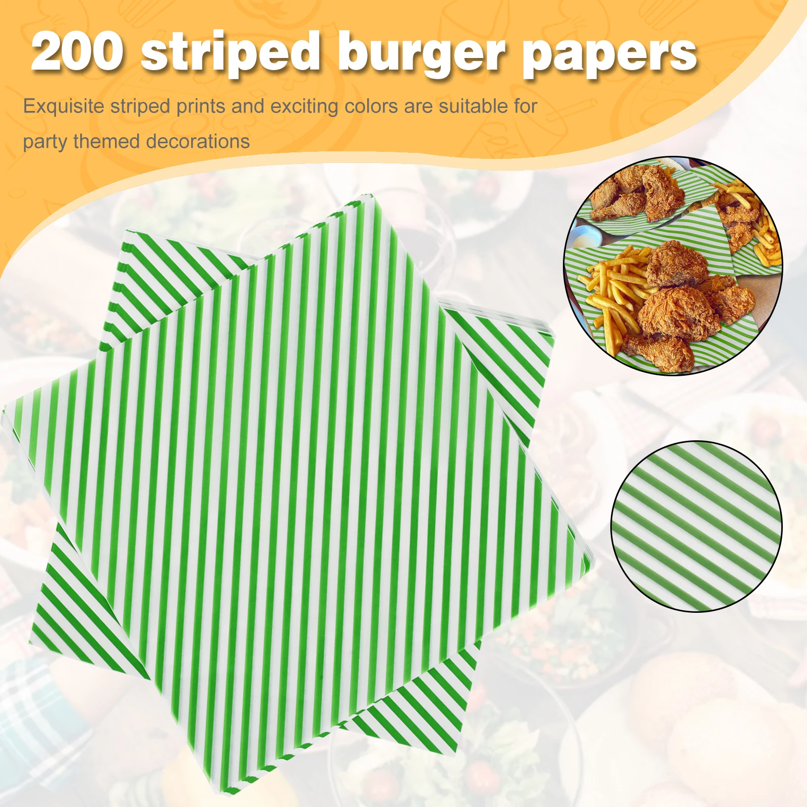 200 Sheets Food Wrapping Paper Striped Print Oil-Resistant Dry Waxed Deli Paper for Sandwiches, Fries, Hot Dogs, Hamburgers, Snacks, Cafeteria, Restaurant, Picnic, Party Use 1