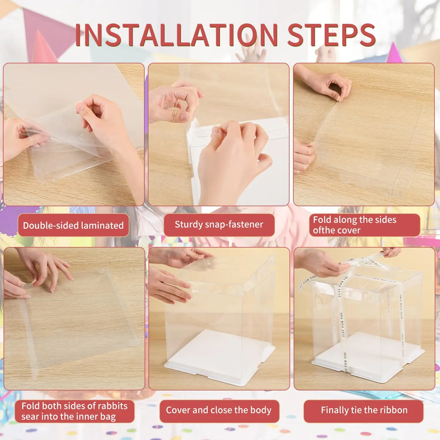 5-Piece Large Square Transparent Cake Boxes for Birthday Gifts, Baking, Dessert Packaging, PVC Plastic Dessert Display, Party Supplies, Customizable for Bakery, Restaurant, Home Celebration - 图片 6