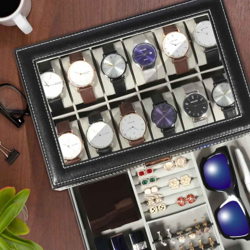 12-Slot PU Leather Lockable Watch Storage Box with Two-Tier Organizer, Secure Jewelry Display Drawer Case for Men and Women Featuring Soft Interior, Elegant Travel and Home Storage Solution for Luxury Accessories - 图片 4
