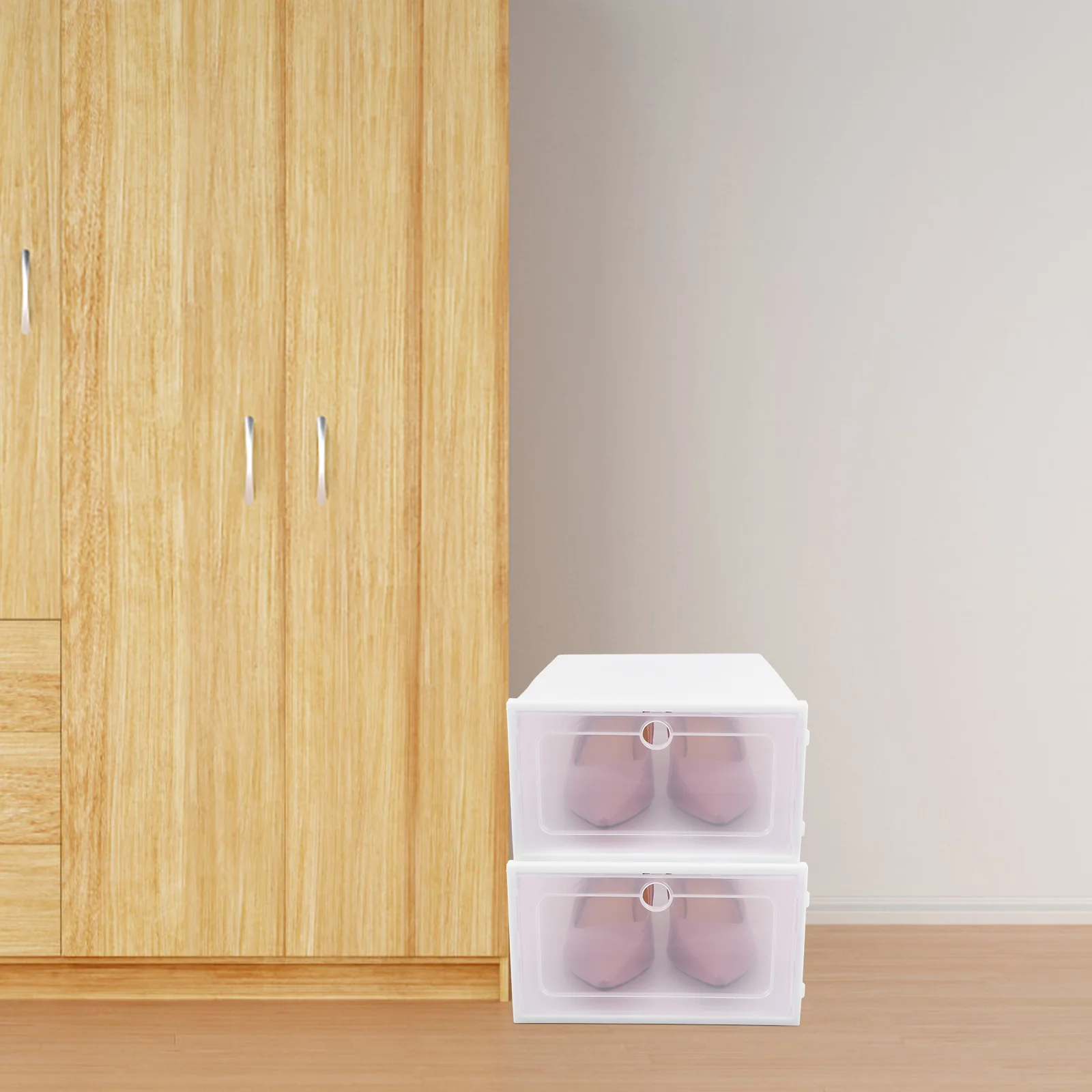 6PCS Thickened Drawer-Type Shoe Storage Boxes, Transparent Stackable Shoe Organizer for Closet Display, Dustproof & Moisture-Resistant Shoe Containers for Heels, Sneakers, Boots (White, Random Frame Color) - 图片 6