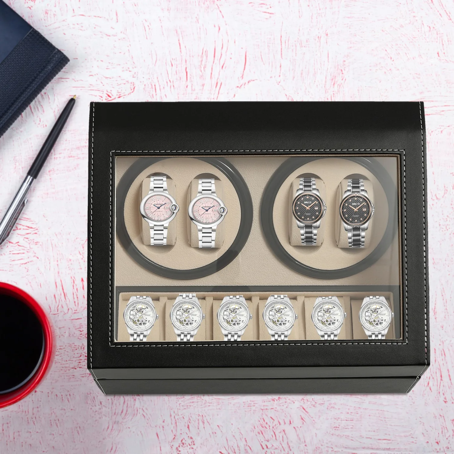 Travel Watch Winder | Automatic Watch Winder Case 4+6 Display Slots, Silent Motor Leather & Wood Organizer Box with Piano Finish, Dual Rotation Modes, Glass Cover, Black/Khaki Modern Collector Storage with US Plug 2