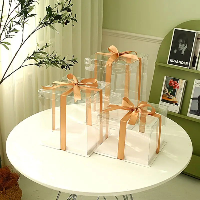 Cake Transport Box Pastry Packaging Container, Clear Plastic Cake Box with Ribbon, Transparent Food-Safe Wedding, Birthday, Party Dessert Gift Box, 1/5/10pcs, DIY Baking Supplies - 图片 5