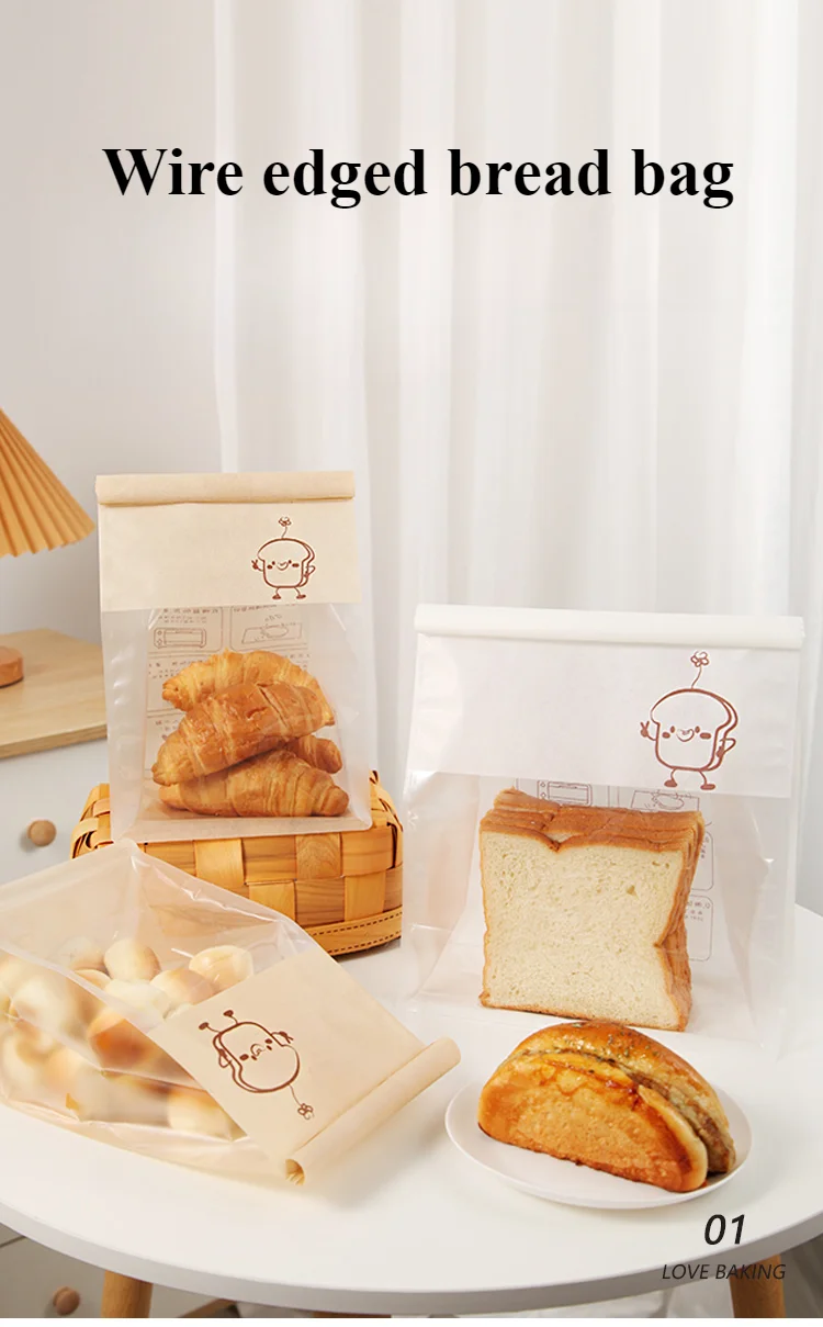 50 Pieces Kraft Paper Roll-Edge Sandwich & Toast Bags with Cartoon Window Print, Food-Safe Packaging for Bread, Desserts, Sweet Potato Rolls, Edible Grade, Durable and Stylish