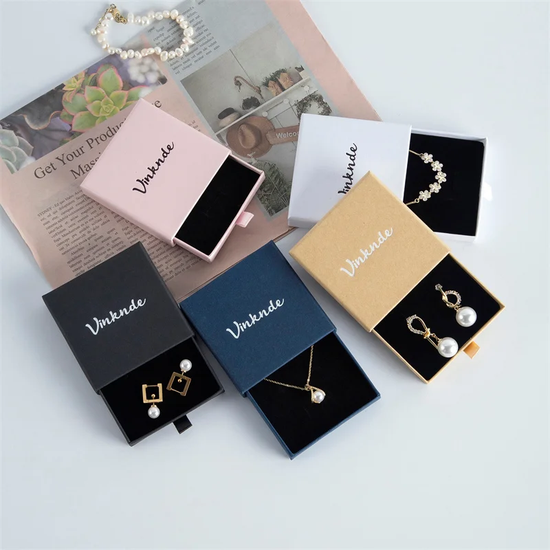Custom Kraft Paper Drawer Jewelry Boxes with Logo – Small Business Necklace Ring Earring Packaging Gift Boxes | 1000g Paper + Black Sponge Insert | Plain or Personalized Jewelry Box Bulk Wholesale