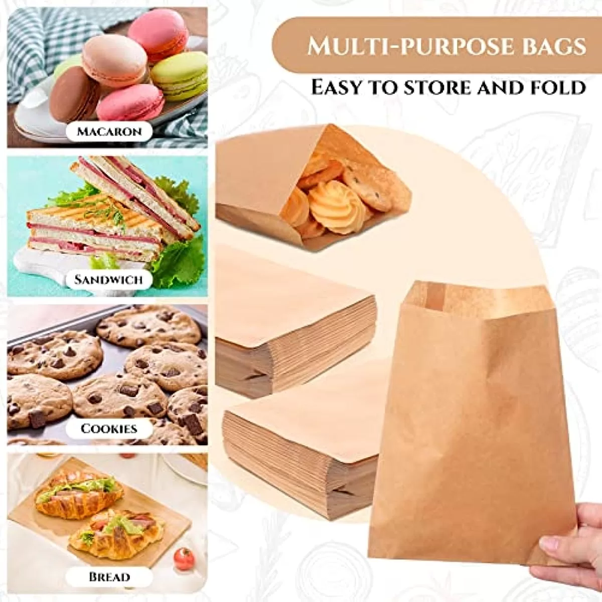 100pcs 5x7 Inches Grease-Resistant Brown Paper Treat Bags, Flat Greaseproof Snack Bags for Cookies, Candy, Sandwiches, Popcorn, Doughnuts, Pastry, and Party Favor Packaging 5