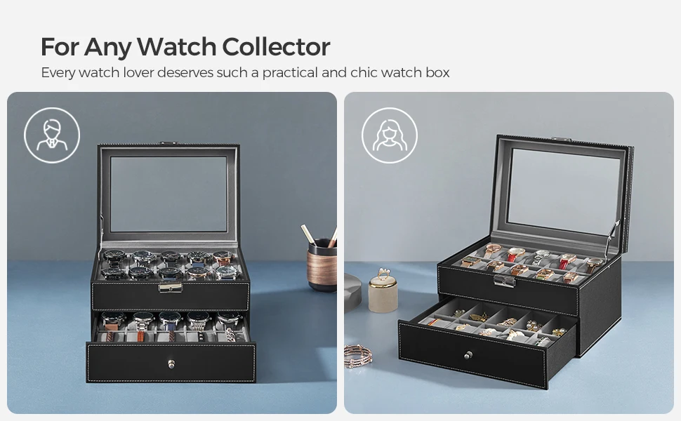 Black Synthetic Leather 20-Slot Watch Box with Glass Lid, Two-Layer Lockable Display Case, Velvet-Lined Organizer for Watches and Jewelry, Medium Density Fiberboard & PU Construction, Elegant Storage for Home & Office Black Synthetic Leather 20-Slot Watch Box with Glass Lid, Two-Layer Lockable Display Case, Velvet-Lined Organizer for Watches and Jewelry, Medium Density Fiberboard & PU Construction, Elegant Storage for Home & Office