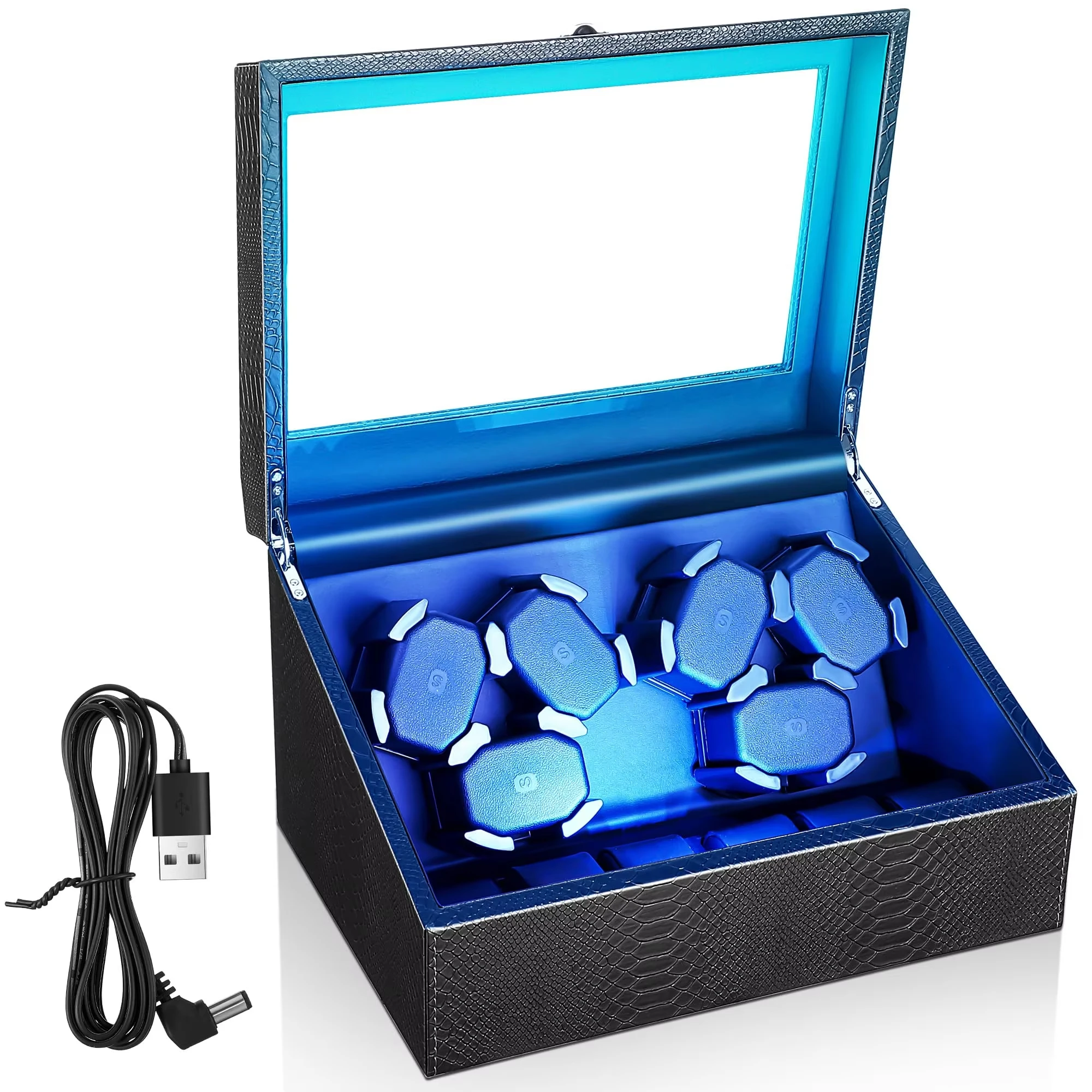 Deluxe Automatic Watch Winder Box for 6 Timepieces with Extra Storage, Quiet Motor, Blue LED Light, Welcome Mode Function, Multiple Rotation Settings, Black MDF PU Organizer with USB Power Adapter - 图片 2