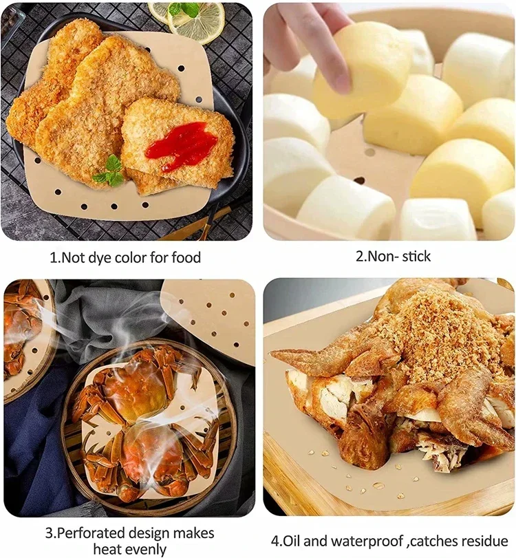 50/100 Pcs Square Air Fryer Parchment Paper Liners – Upgraded Disposable Baking Paper with Perforated Design for Frying, Cooking, Steaming and Oven Use 8
