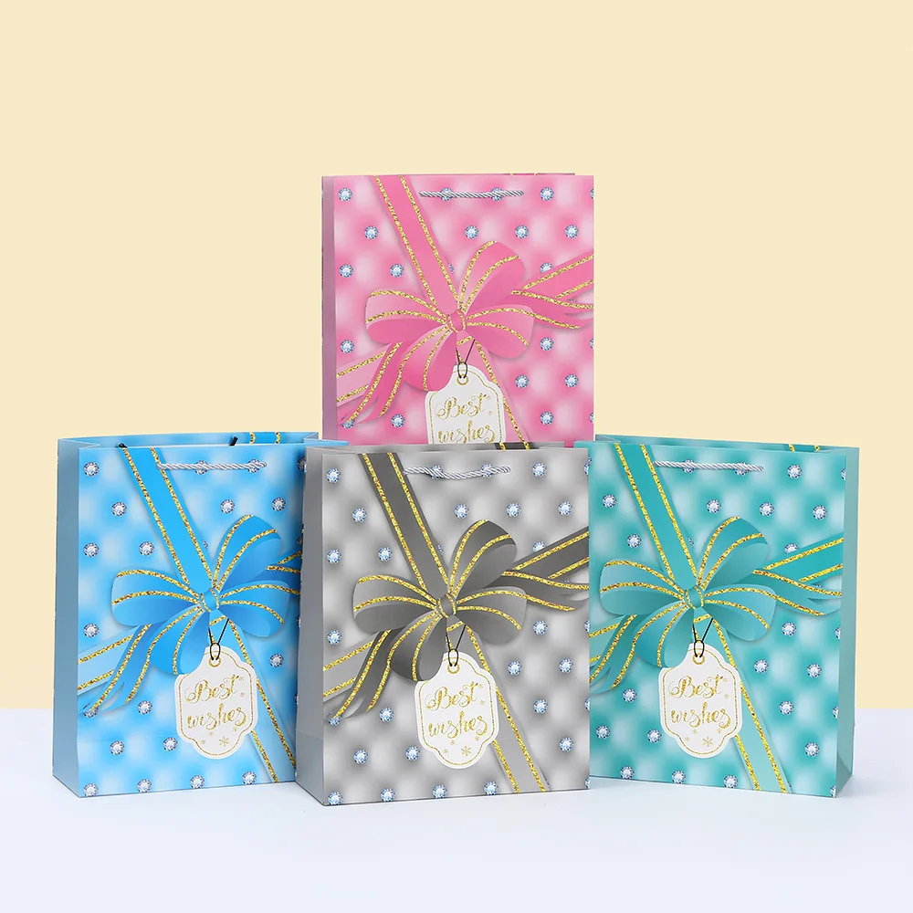 6/10pcs Best Wishes Paper Tote Bags, Elegant Recyclable Gift Packaging Bags with Bow Print, Thick White Card Paper Bags for Birthday Wedding Party Favors Candy Cookies Boutique Retail Wrapping