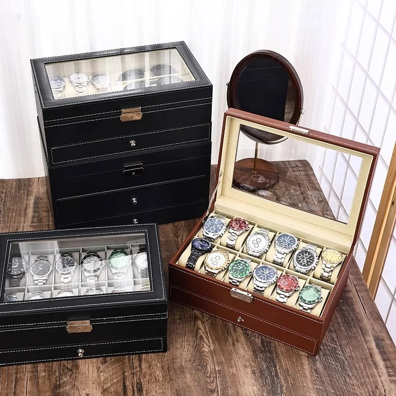 Watch Display Case ⌚ – Stop Tangled Timepieces! Premium PU Leather Organizer with Glass Top for 6/10/12 Luxury Watches