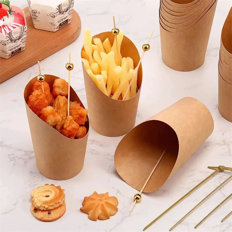 100PCS Kraft Paper French Fry Cups, Disposable Snack Containers, Charcuterie and Dessert Holders, Oil-Resistant Baking Cups for Takeout, Parties, Weddings, and Catering 4