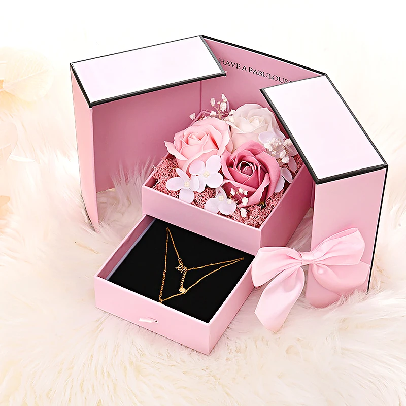 Romantic Soap Rose Flower Jewelry Gift Box with Double Drawer Design, Elegant Packaging Case for Necklace Ring Lipstick, Valentine’s Day, Wedding, Birthday, Mother’s Day, Christmas and Anniversary Surprise - 图片 3