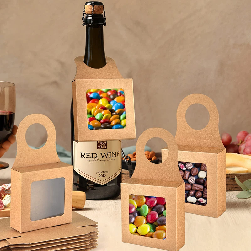 30Pcs Kraft Paper Wine Bottle Gift Boxes with Transparent Window – Hanging Foldable Recyclable Packaging Boxes for Wedding, Party, and Holiday Gift Display 1