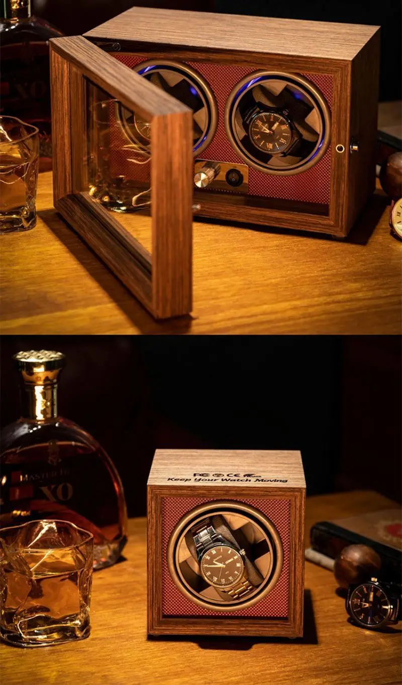 Luxury Automatic Watch Winder – Wooden Retro Organizer with Silent Motor and Anti-Magnetic Design, High-Density Pine & Leather Construction, Multiple Slots with USB Power, LED Light, 5 Rotation Modes 7