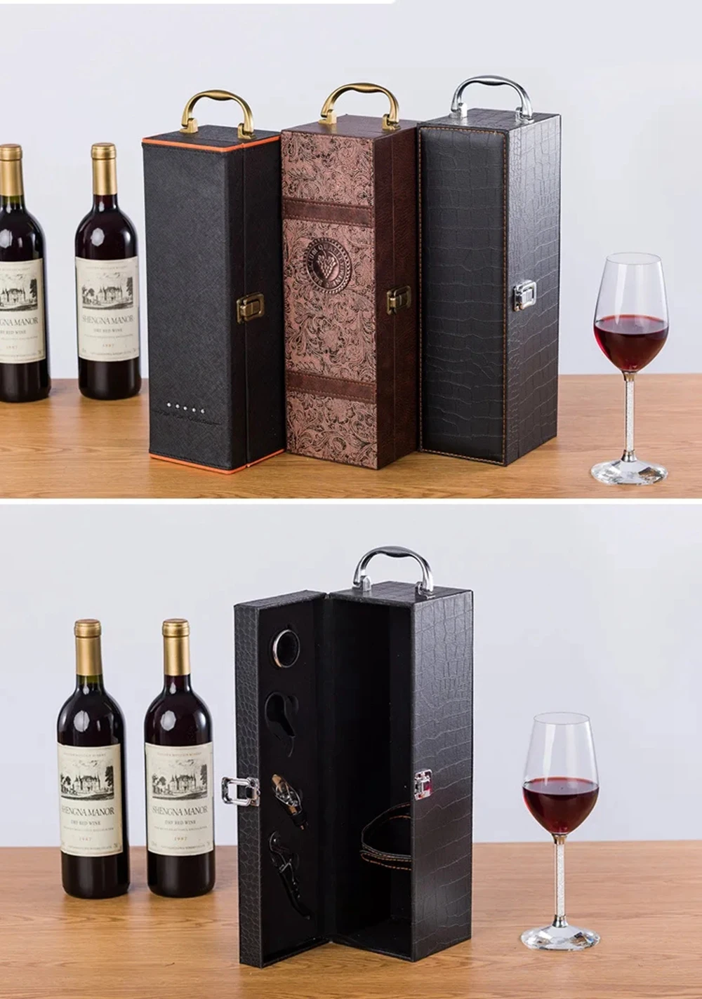 Single Wine Bottle Gift Box with Accessories Set – PU Leather Portable Carrying Case with Handle, Elegant Bottle Holder and Wine Tools for Home, Party, Gifting, and Collection Single Wine Bottle Gift Box with Accessories Set – PU Leather Portable Carrying Case with Handle, Elegant Bottle Holder and Wine Tools for Home, Party, Gifting, and Collection
