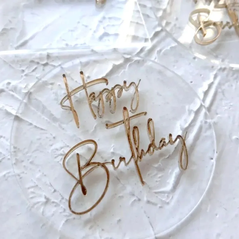 New Design Rectangle Side Acrylic Gold Happy Birthday Cake Topper Elegant Laser-cut Decorative Packaging for Baking Party Supplies Wedding Birthday Cake Decoration Accessories 3