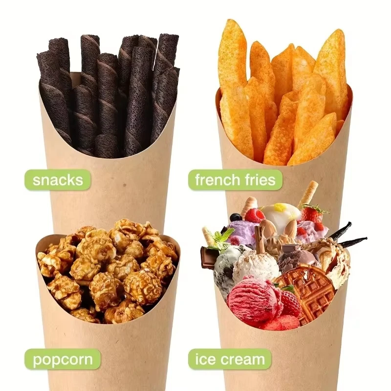 Disposable Greaseproof French Fries Cups, Hamburger & Sandwich Paper Containers, Kitchen Snack Cups, Cowhide Skewer Holders, Ice Cream Paper Cups, Fast Food Takeout Packaging, Party Catering Supplies - 图片 4