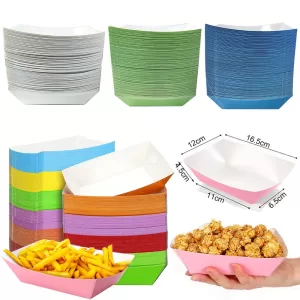 6/12/24PCS Disposable Paper Food Trays – Solid Color Snack Boats for Popcorn, Fries, Nachos, Burgers – Black/White/Blue/Yellow Party Serving Containers for Birthday, Baby Shower, Picnic, Carnival