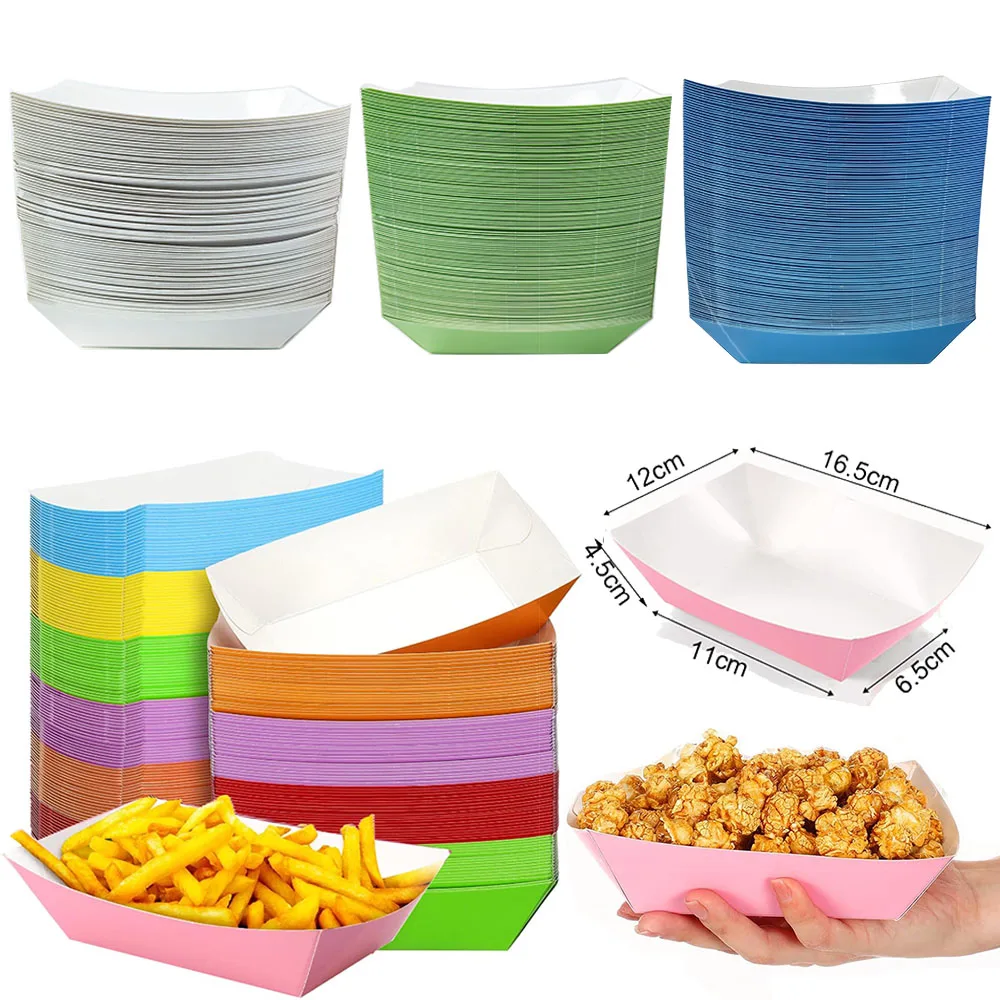 6/12/24PCS Disposable Paper Food Trays – Solid Color Snack Boats for Popcorn, Fries, Nachos, Burgers – Black/White/Blue/Yellow Party Serving Containers for Birthday, Baby Shower, Picnic, Carnival