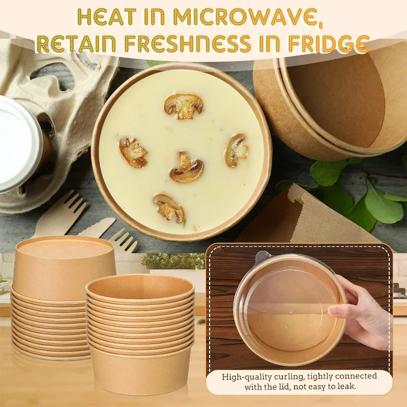10-Pack Kraft Paper Salad Bowls with Lids Biodegradable Disposable Tableware for Meal Prep Takeout Bento Food Containers Eco-Friendly Portable 500ml 750ml 1000ml - 图片 6