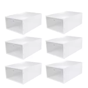 6PCS Thickened Drawer-Type Shoe Storage Boxes, Transparent Stackable Shoe Organizer for Closet Display, Dustproof & Moisture-Resistant Shoe Containers for Heels, Sneakers, Boots (White, Random Frame Color)