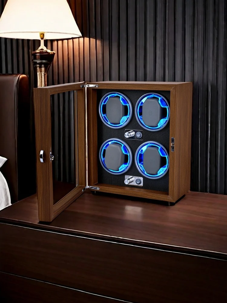 Automatic 4-Slot Watch Winder Box with Blue LED Light, Black Walnut, Red and Carbon Fiber Variants, Soft High-Elastic Memory Foam Pillows, Lid Stop Function, Ultra-Quiet Japanese Motor, USB & AC Powered, Ideal Gift for Luxury Watches 1