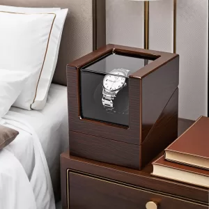 Luxury Wooden Single Automatic Watch Winder with Silent Mabuchi Motor, Glass Display Case, Battery or Adapter Powered Storage Box, Elegant Rotation Shaker for Mechanical Timepieces and Safe Jewelry Holder