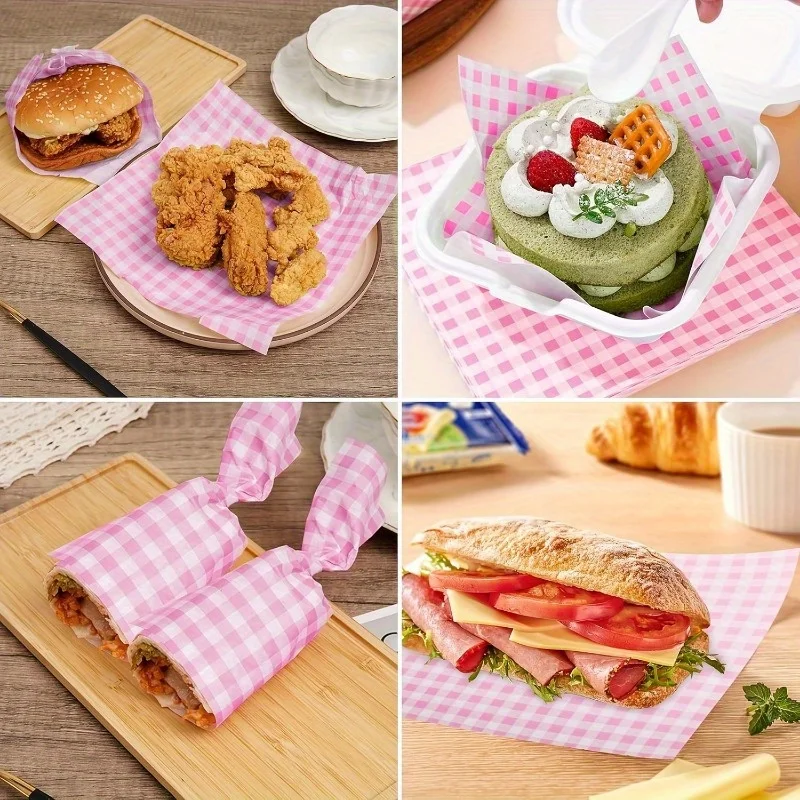 100PCS Pink Grease-Resistant Food Wrapping Paper Sheets 18×18cm Square Coated Oil-Proof Liners for Sandwiches, Pastries, Fried Food, Bread & Desserts – Disposable Baking and Serving Paper for Restaurants and Homes - 图片 4