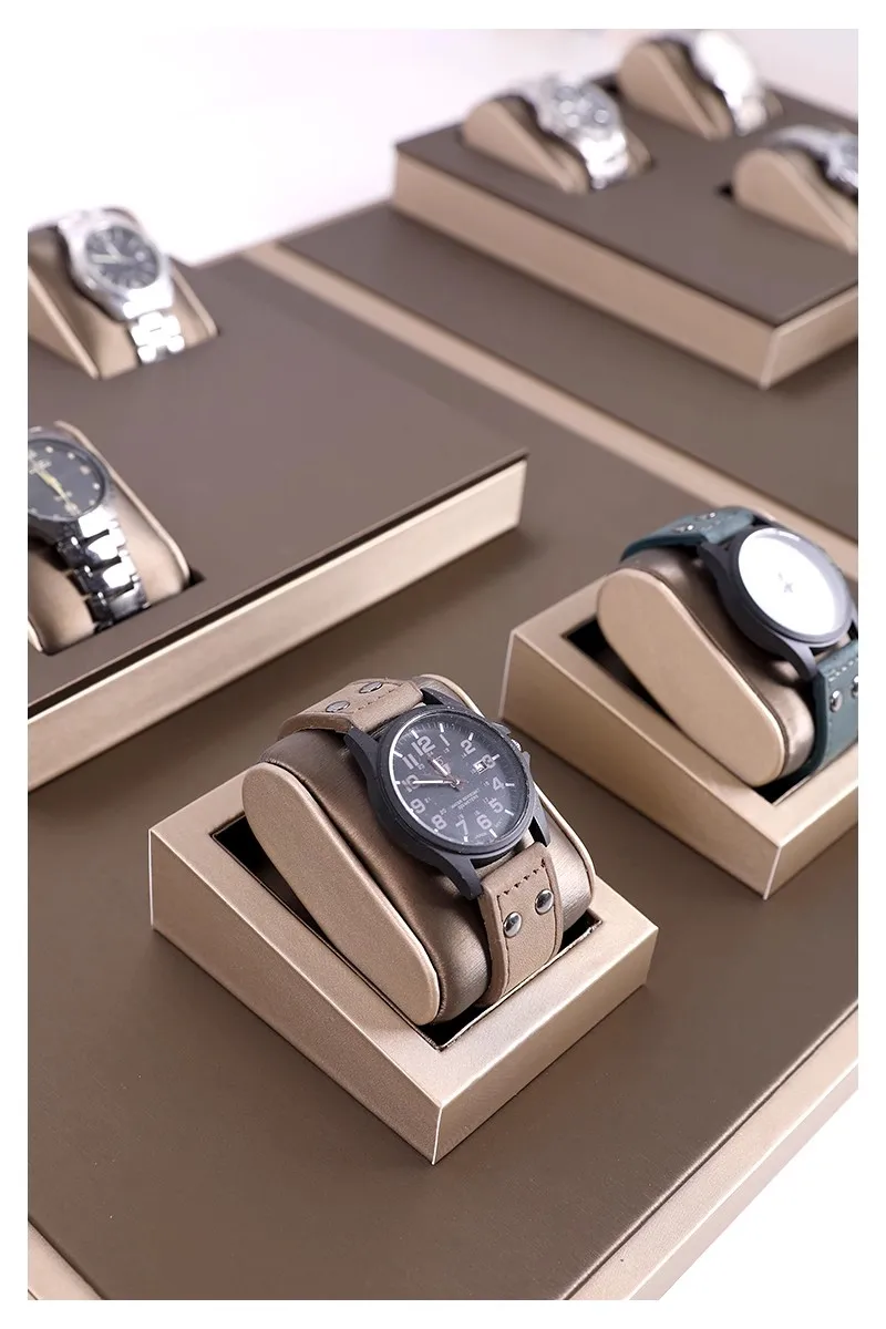 Luxury Brown Leatherette Watch Display Stand Holder – Retail Store Counter and Window Organizer for Watch Presentation, Ramp Base Desk Prop for Jewelry Shop Showcase and Professional Display Use 6