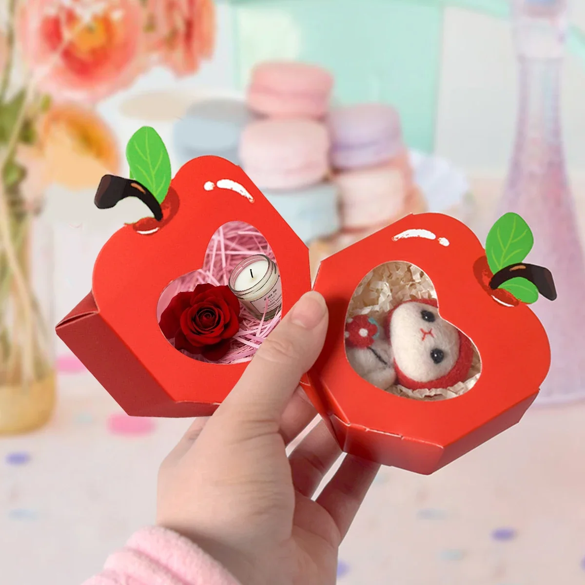 10/20Pcs Red Paper Candy Boxes with Heart & Apple Windows, Mini Gift Packaging for Sweets, Cookies, Chocolates, or Snacks – Perfect Favors for School, Wedding, Birthday, Baby Shower, Party Decoration - 图片 3