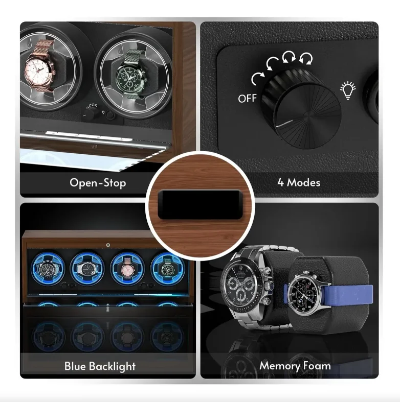 Automatic Watch Winder Box for Luxury Timepieces with 4 Slots, Ultra Quiet Japanese Motor, LED Blue Light, 6 Rotation Modes, Black Walnut Finish, PU Interior, Cover Stop Sensor, AC Adapter and Accessories 3