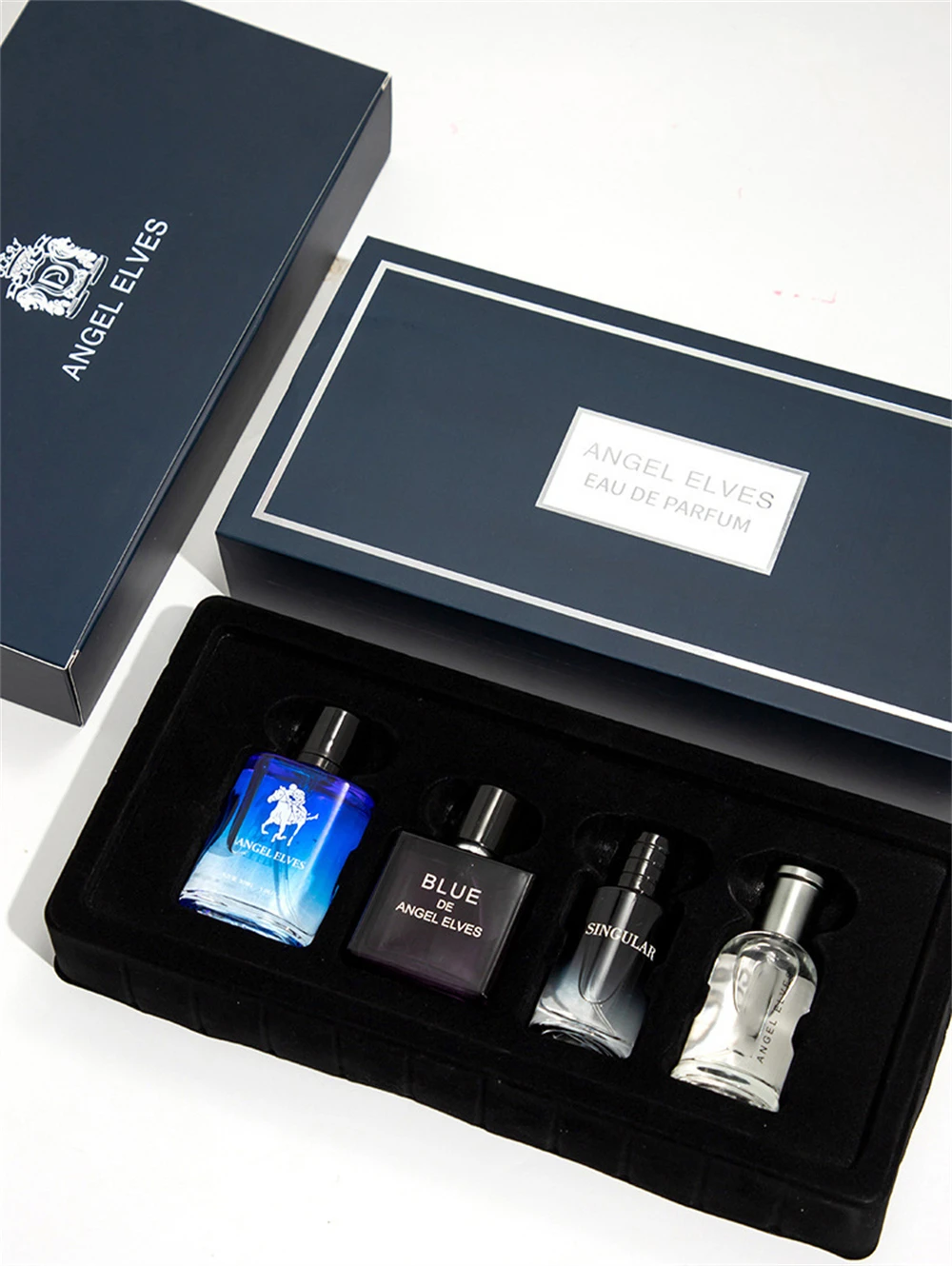 Luxury Empty Perfume Bottle Set with Gift Box – 4 Refillable Men’s Containers, 120ml Total, Glass / PET / Acrylic / Metal Bottles with Alloy, ABS, or Wood Caps, Premium Paperboard, Kraft, or Recycled Box with Matte, Glossy, or Embossed Finish, Velvet, Satin, or EVA Foam Interior