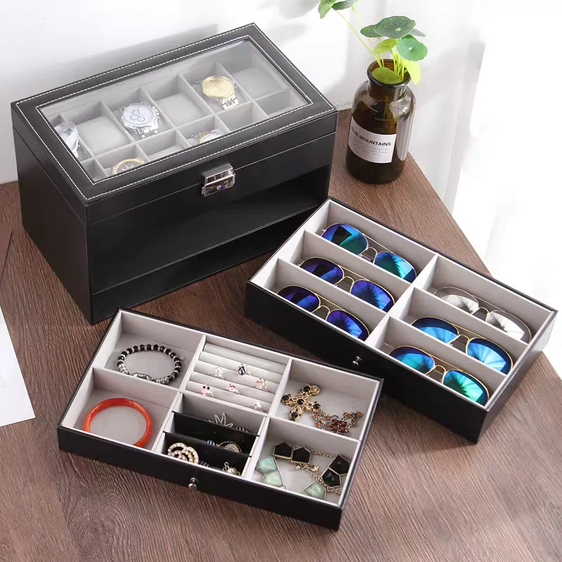 3-Layer Black PU Leather Watch and Eyeglasses Organizer with Glass Lid, Metal Buckle, Velvet-Lined Jewelry Display Drawer, Multi-Compartment Storage Case for Watches, Sunglasses, Rings, Bracelets, Necklaces - 图片 3