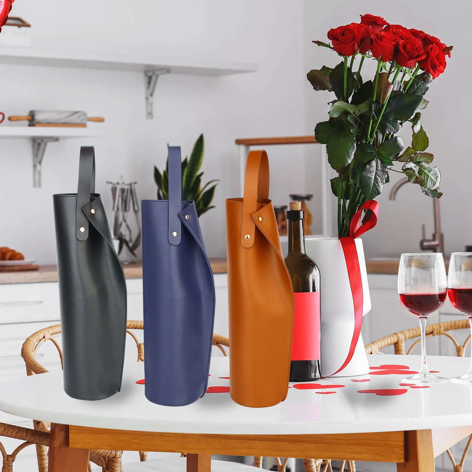 Reusable PVC Leather Wine Tote Carrier – Double Layered Wine Bag for Gift Packaging, Birthdays, Holidays, and Party Wine Presentation, Available in Blue and Brown
