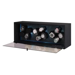 Luxury Automatic Watch Winder Box with 4/8/12 Slots – Black Wood Grain Finish, Ultra-Quiet Mabuchi Motor, Adjustable Rotation Settings, and Built-in RGB Ambient Lighting for Premium Watch Storage