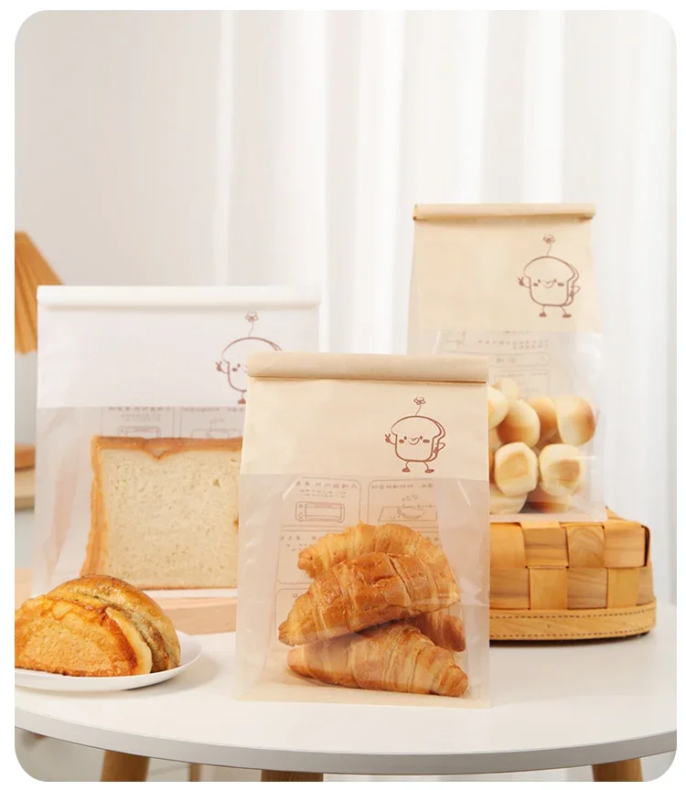 50 Pieces Kraft Paper Roll-Edge Sandwich & Toast Bags with Cartoon Window Print, Food-Safe Packaging for Bread, Desserts, Sweet Potato Rolls, Edible Grade, Durable and Stylish - 图片 5