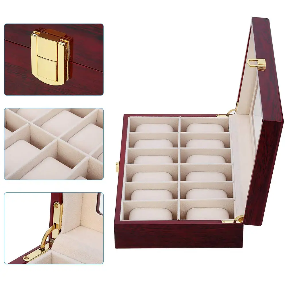 Premium Wooden Watch Storage Box with 1/2/3/5/6/10/12 Grid Compartments, Luxury Multi-Slot Watch Organizer and Jewelry Display Case for Men and Women, Portable Solid Wood Holder with Elegant Design for Collection and Travel - 图片 5