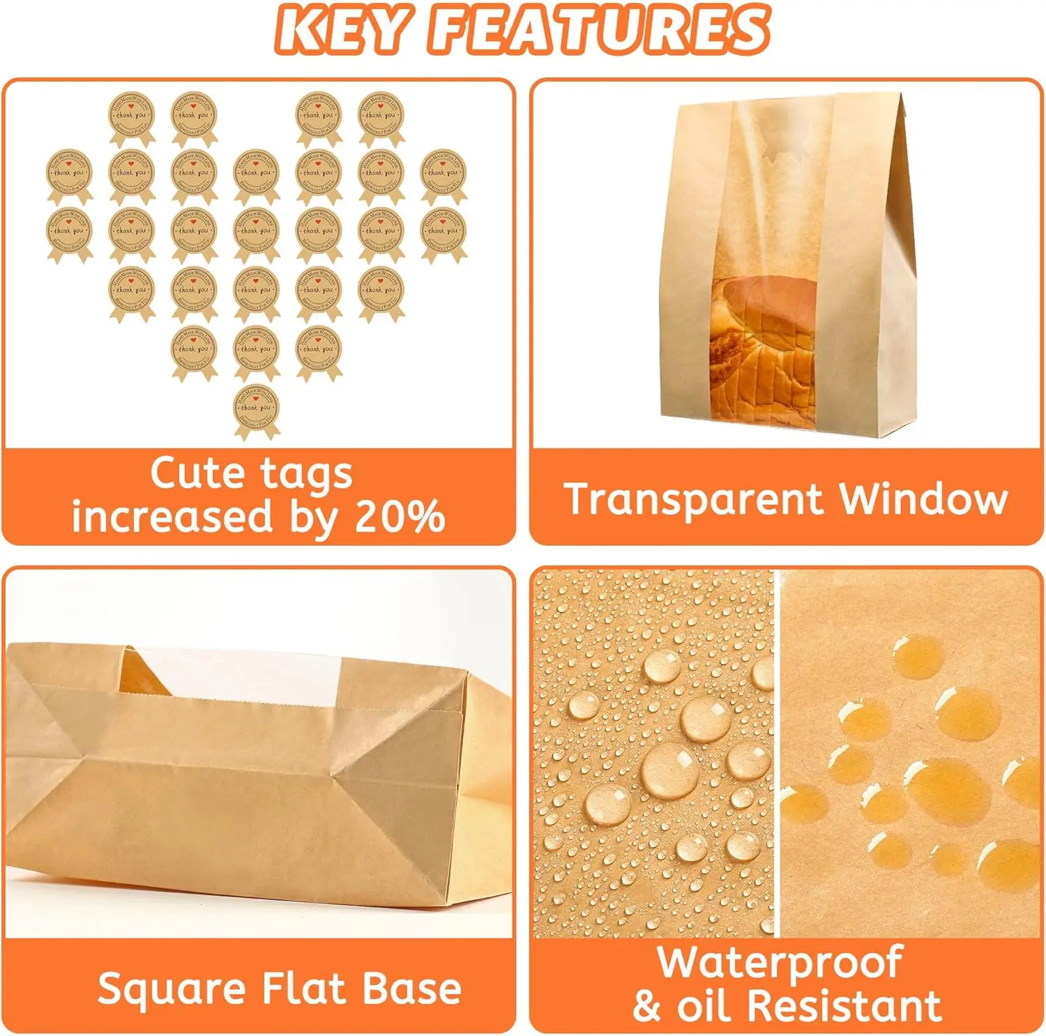 50PCS Kraft Paper Bread Bags with Window, Tear-Resistant Sourdough Bakery Bag with Cute Sealing Stickers, Oil-Proof Moisture-Proof Food Storage Bags for Cookies, Snacks, Sandwich, Cafe, Party and Home Baking - 图片 3