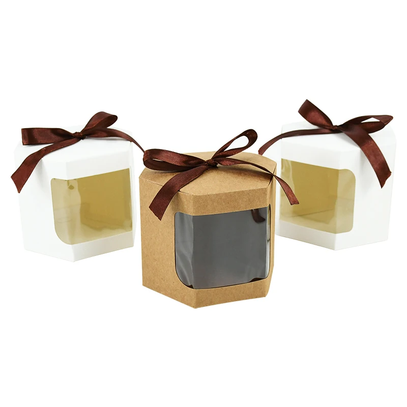 5Pcs Hexagon Kraft Paper Gift Boxes with Transparent Window, Brown and White Dessert Packaging Containers for Baking, Wedding Favors, Candy, Chocolates, and Party Gift Presentation 1