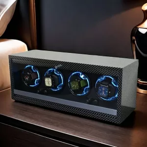 Automatic Watch Winder Box for Luxury Timepieces with 4 Slots, Ultra Quiet Japanese Motor, LED Blue Light, 6 Rotation Modes, Black Walnut Finish, PU Interior, Cover Stop Sensor, AC Adapter and Accessories
