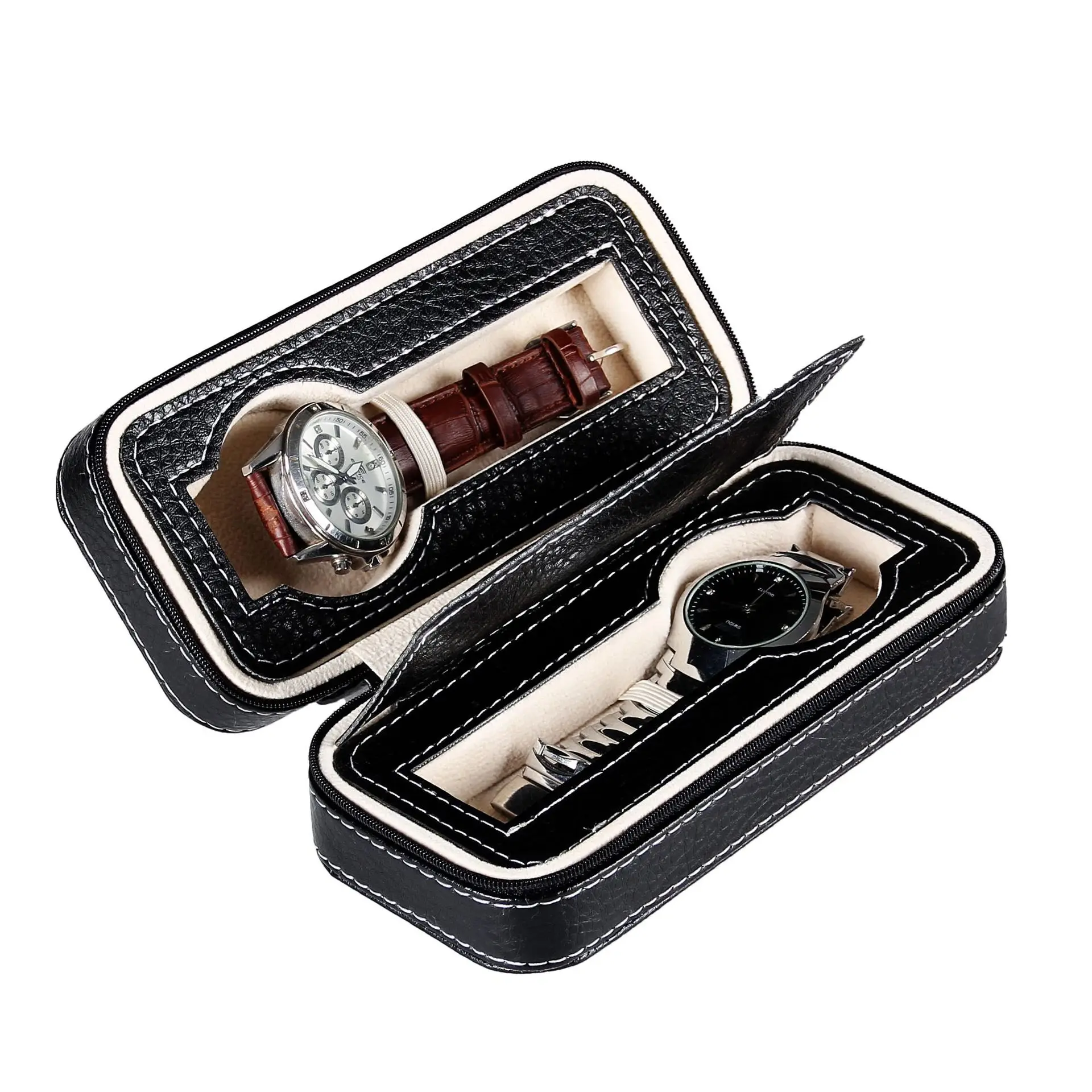 Travel Watch Organizer | Portable Leather Watch Case with Zipper Closure, Lightweight 2/3/4 Slot Organizer for Travel or Home Storage, Protective Black/Brown Watch Box, Ideal Gift for Men & Women, Elegant Wristwatch Display, Travel Watch Holder 3
