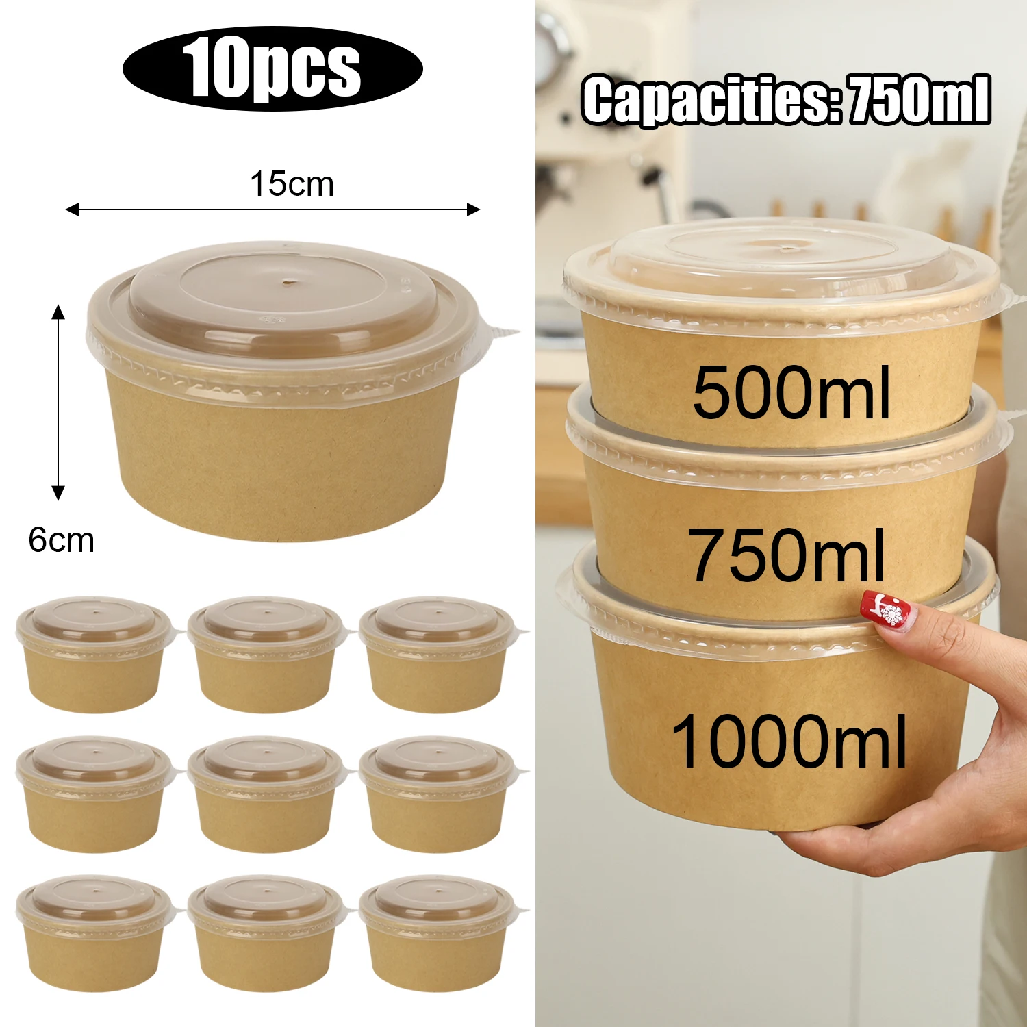 10-Pack Kraft Paper Salad Bowls with Lids Biodegradable Disposable Tableware for Meal Prep Takeout Bento Food Containers Eco-Friendly Portable 500ml 750ml 1000ml - 图片 8