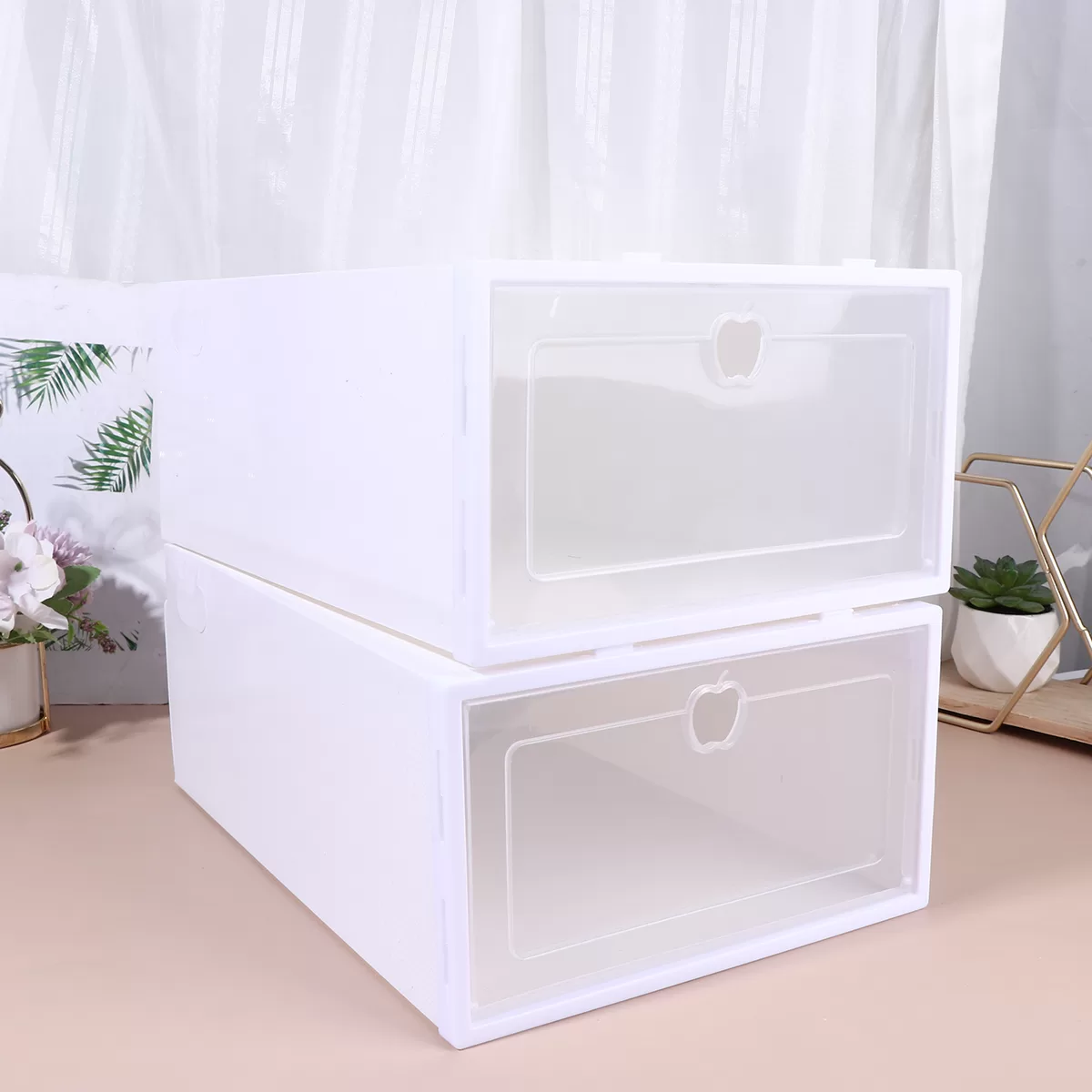 6PCS Thickened Drawer-Type Shoe Storage Boxes, Transparent Stackable Shoe Organizer for Closet Display, Dustproof & Moisture-Resistant Shoe Containers for Heels, Sneakers, Boots (White, Random Frame Color) 6