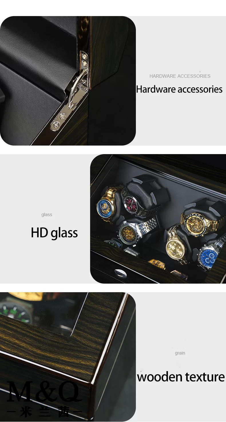 Automatic Wooden Style Watch Winder Box 3+3 / 6+6 Slots with Blue LED Lighting, Quiet Mabuchi Motor, Lid Sensor Stop Function, MDF + PU Leather Organizer Case for Mechanical Watches, Gift Display Storage