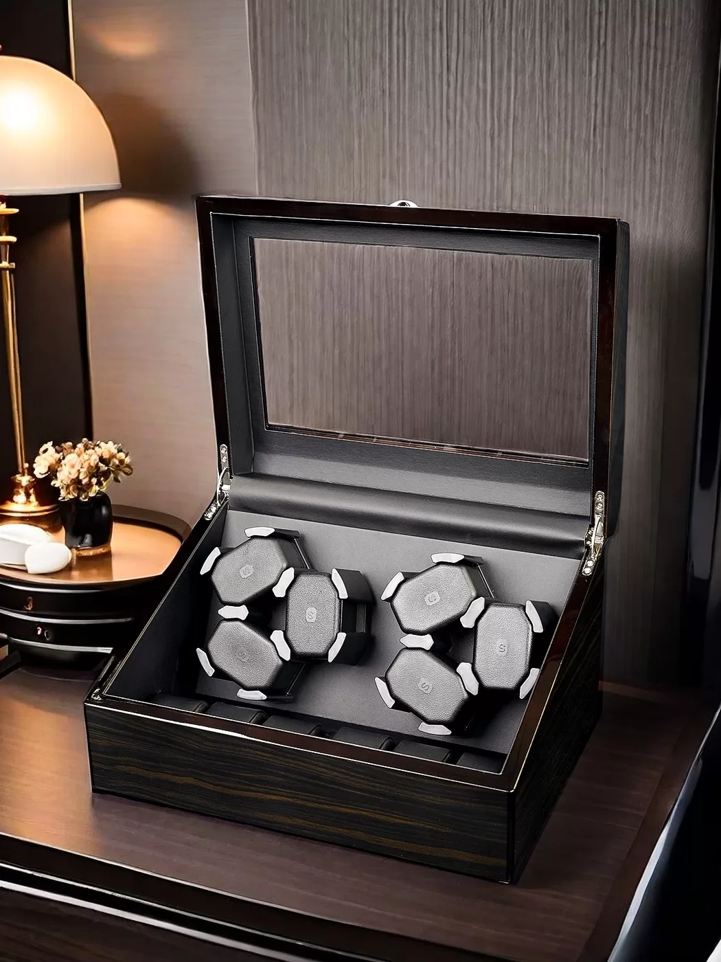 Automatic Wooden Style Watch Winder Box 3+3 / 6+6 Slots with Blue LED Lighting, Quiet Mabuchi Motor, Lid Sensor Stop Function, MDF + PU Leather Organizer Case for Mechanical Watches, Gift Display Storage 1