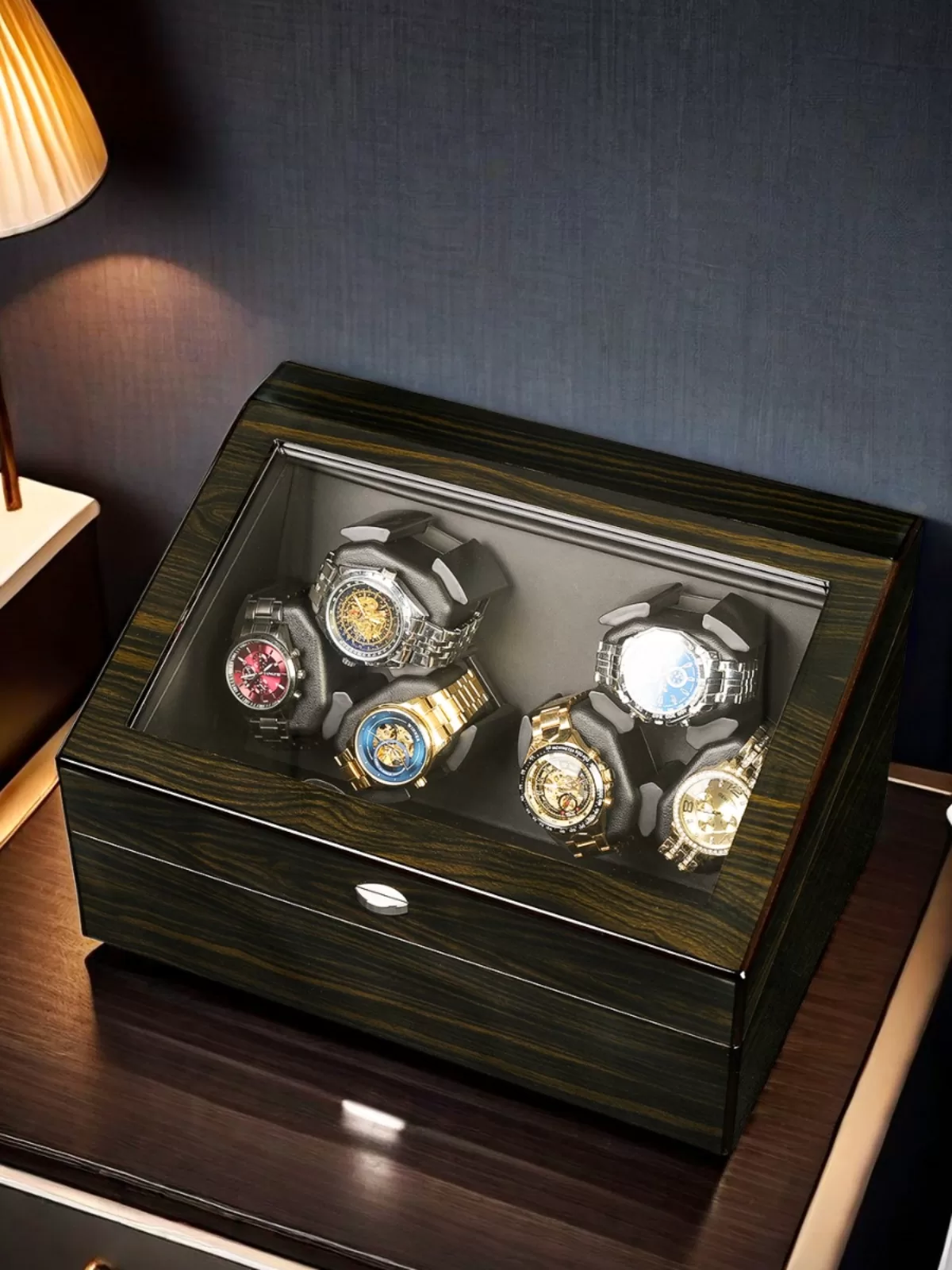 Automatic Wooden Style Watch Winder Box 3+3 / 6+6 Slots with Blue LED Lighting, Quiet Mabuchi Motor, Lid Sensor Stop Function, MDF + PU Leather Organizer Case for Mechanical Watches, Gift Display Storage 3