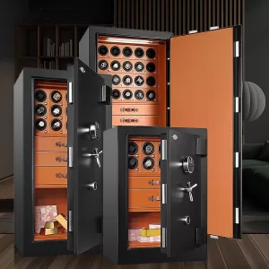 Luxury Watch Safe with Winder – High-Security Automatic Watch Winder Safe Cabinet with Cognac Leather Interior and Steel Vault Door by UGI Packaging