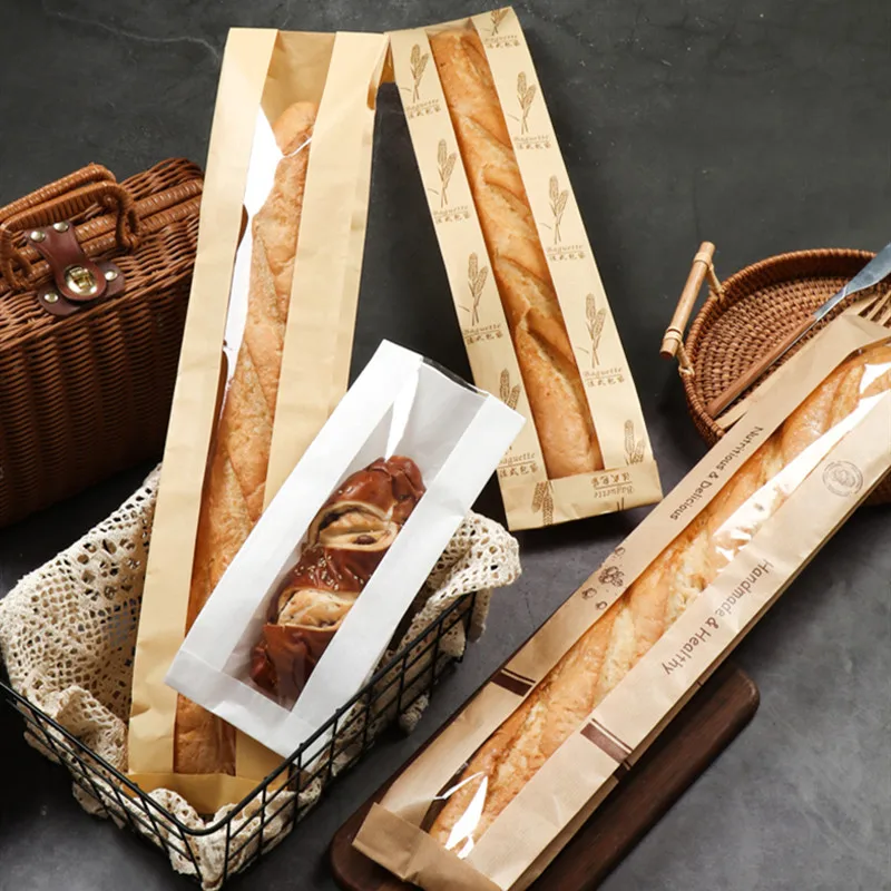 Oil resistant kraft paper bread bags with transparent window, 50 pieces pack for baguette and pastry packaging